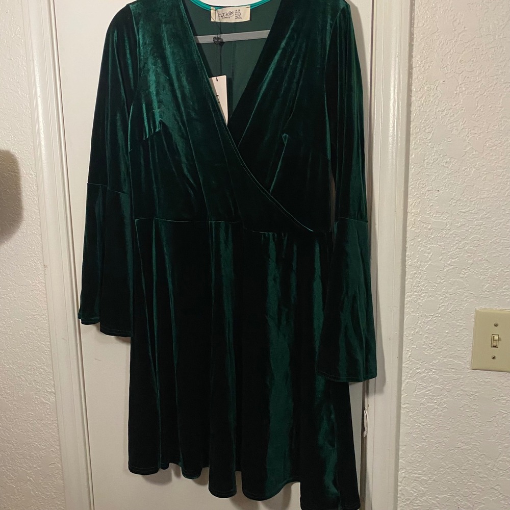 Club L London Green Velvet Wrap Dress Long Sleeve Party Cocktail US 14 - Picture 2 of 6